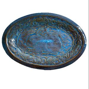 Studio Pottery Decorative Plate Rabbit Bunny Stamped “W” Cottagecore Blue Brown